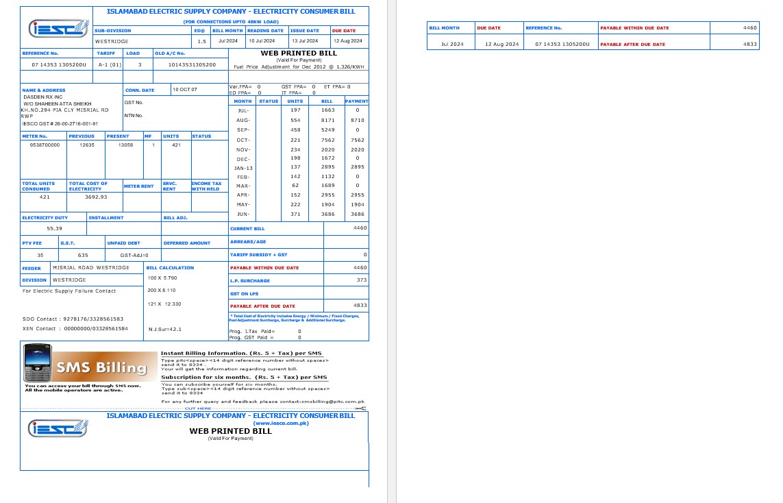 PAKISTAN IESC business utility bill Word and PDF template PSD template